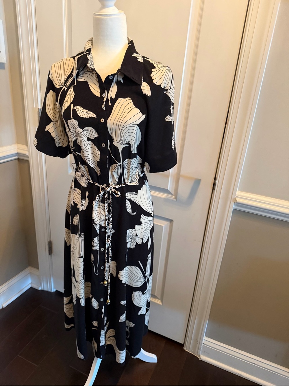 H&M Black Midi Shirt Dress with Cream Floral Print and Tie